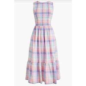 J Crew Midi Dress Women Pink Plaid Smock Preppy Sundress Vacay Retro Medium NWT